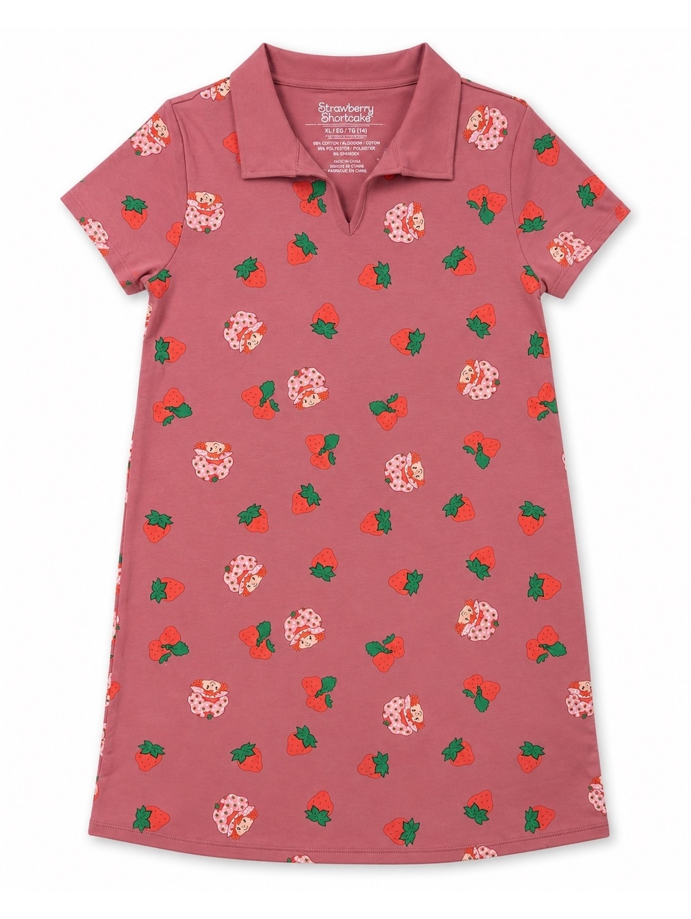 Strawberry Shortcake Girls Polo Dress XL 14 Pink Strawberry Print NWT